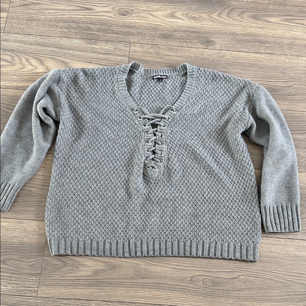Charlotte Russe Charcoal Lace-Up V-Neck Sweater